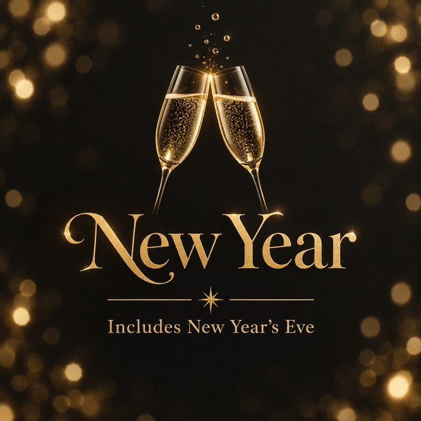 Elegant New Year collection cover with champagne flutes and gold text