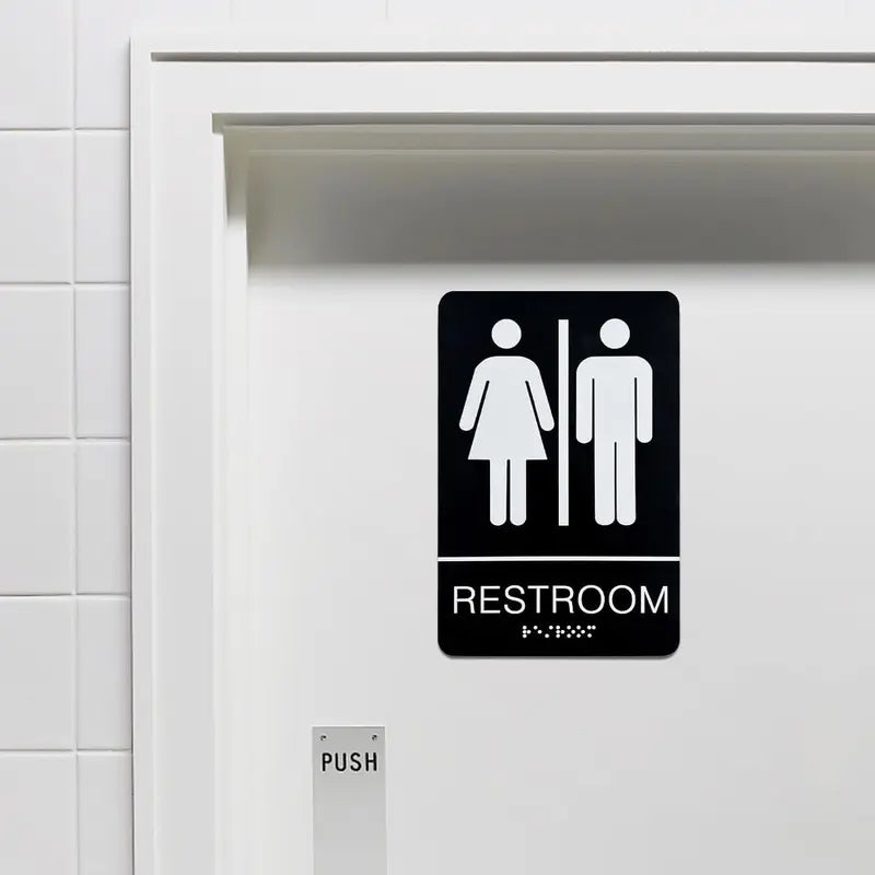 Unisex Toilet Door Sign with Braille Acrylic Restroom Sign Self Adhesive 9x6