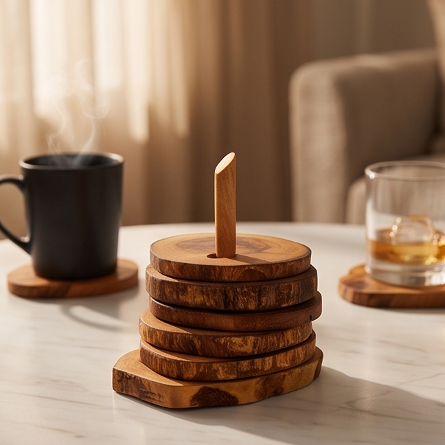 Handcrafted Olive Wood Coaster Set - Rustic Live Edge Drink Coasters with Holder