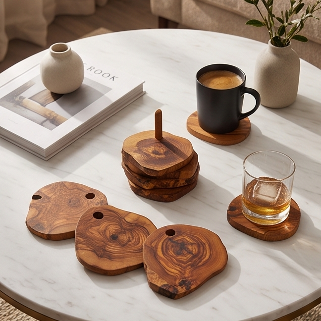 Handcrafted Olive Wood Coaster Set - Rustic Live Edge Drink Coasters with Holder