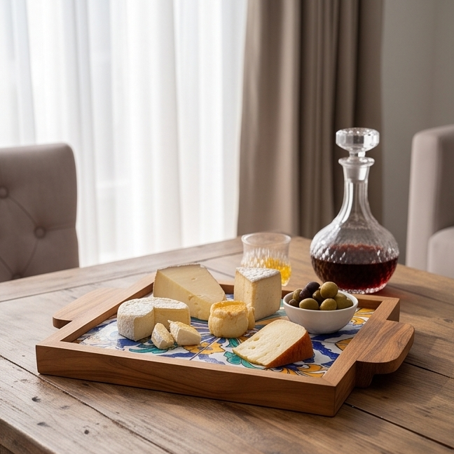 Handcrafted Olive Wood Tray with Hand-Painted Ceramic Tile Center