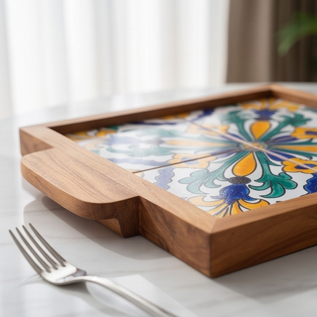 Handcrafted Olive Wood Tray with Hand-Painted Ceramic Tile Center