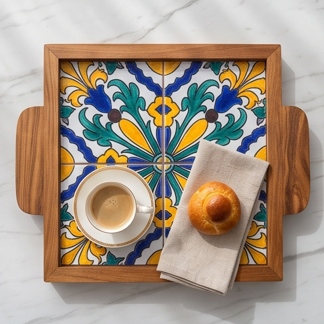 Handcrafted Olive Wood Tray with Hand-Painted Ceramic Tile Center
