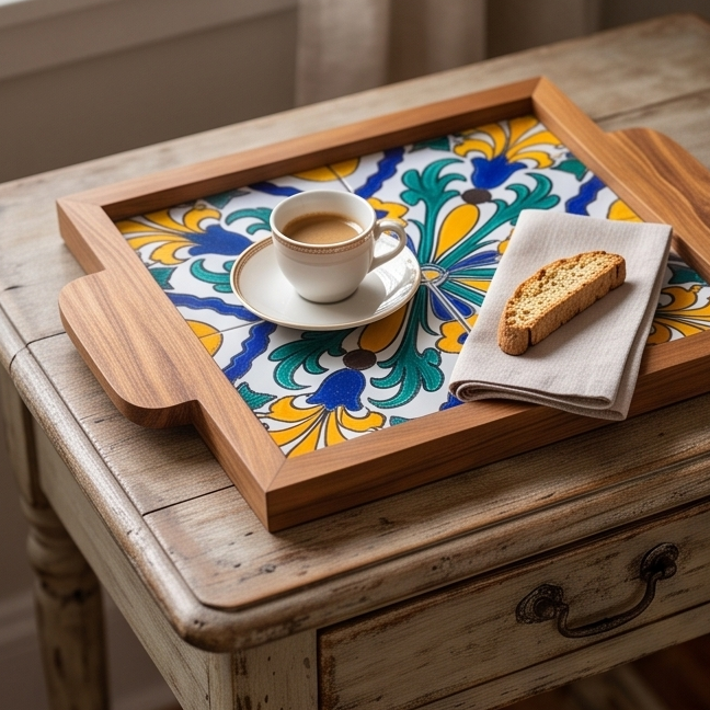 Handcrafted Olive Wood Tray with Hand-Painted Ceramic Tile Center