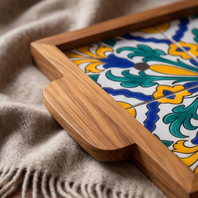 Handcrafted Olive Wood Tray with Hand-Painted Ceramic Tile Center