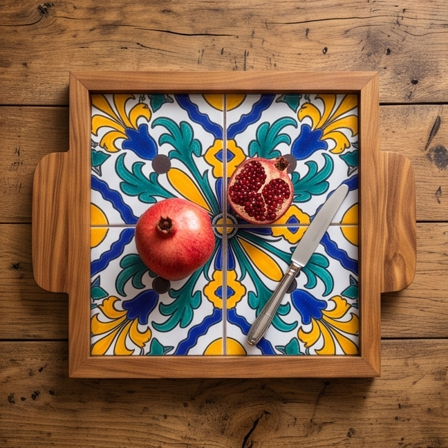 Handcrafted Olive Wood Tray with Hand-Painted Ceramic Tile Center