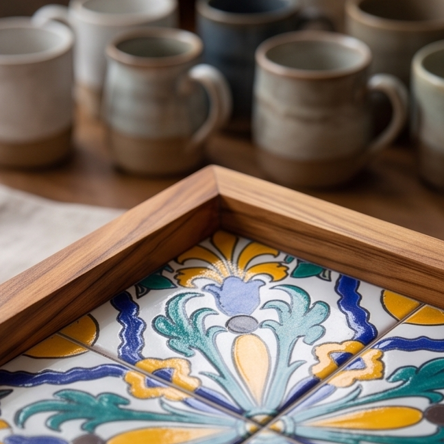 Handcrafted Olive Wood Tray with Hand-Painted Ceramic Tile Center