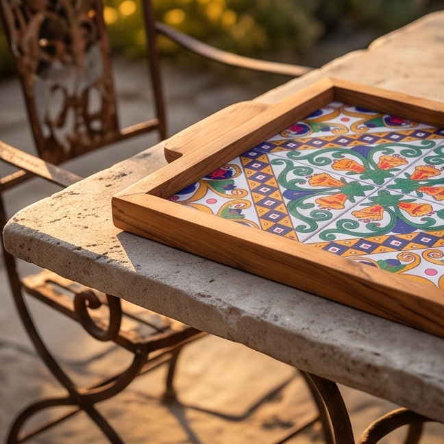 Handcrafted Olive Wood Tray with Hand-Painted Ceramic Tile Center