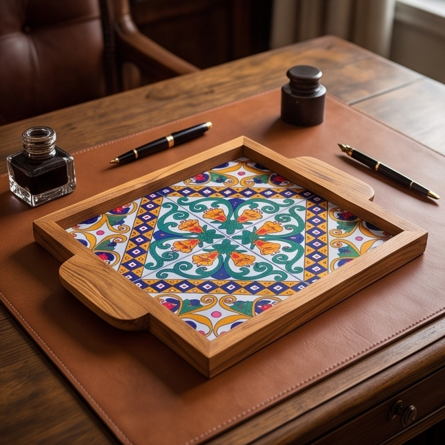 Handcrafted Olive Wood Tray with Hand-Painted Ceramic Tile Center