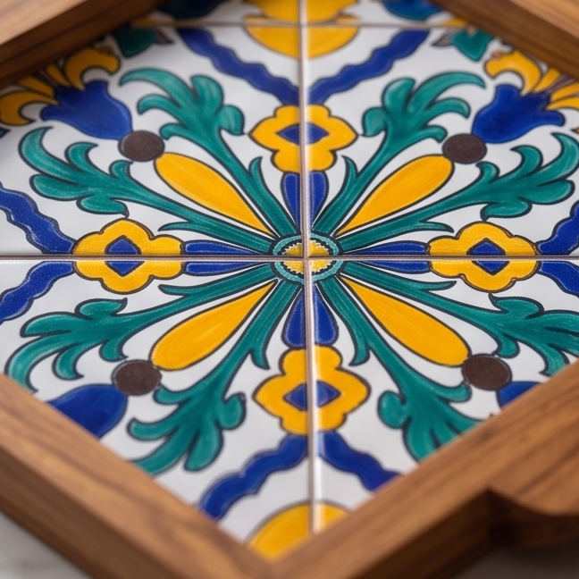 Handcrafted Olive Wood Tray with Hand-Painted Ceramic Tile Center