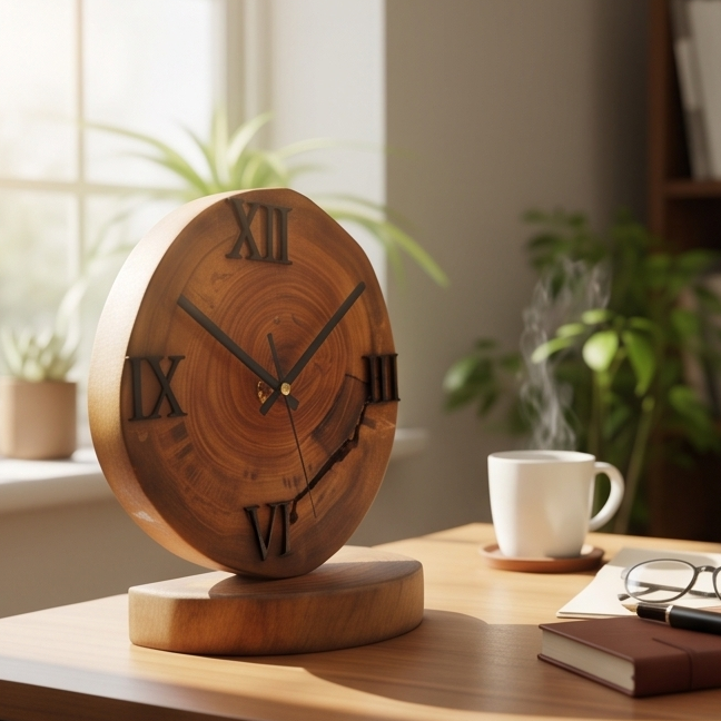 Handcrafted Wood Desk Clock | Luxury Live Edge Mantle Statement Clock