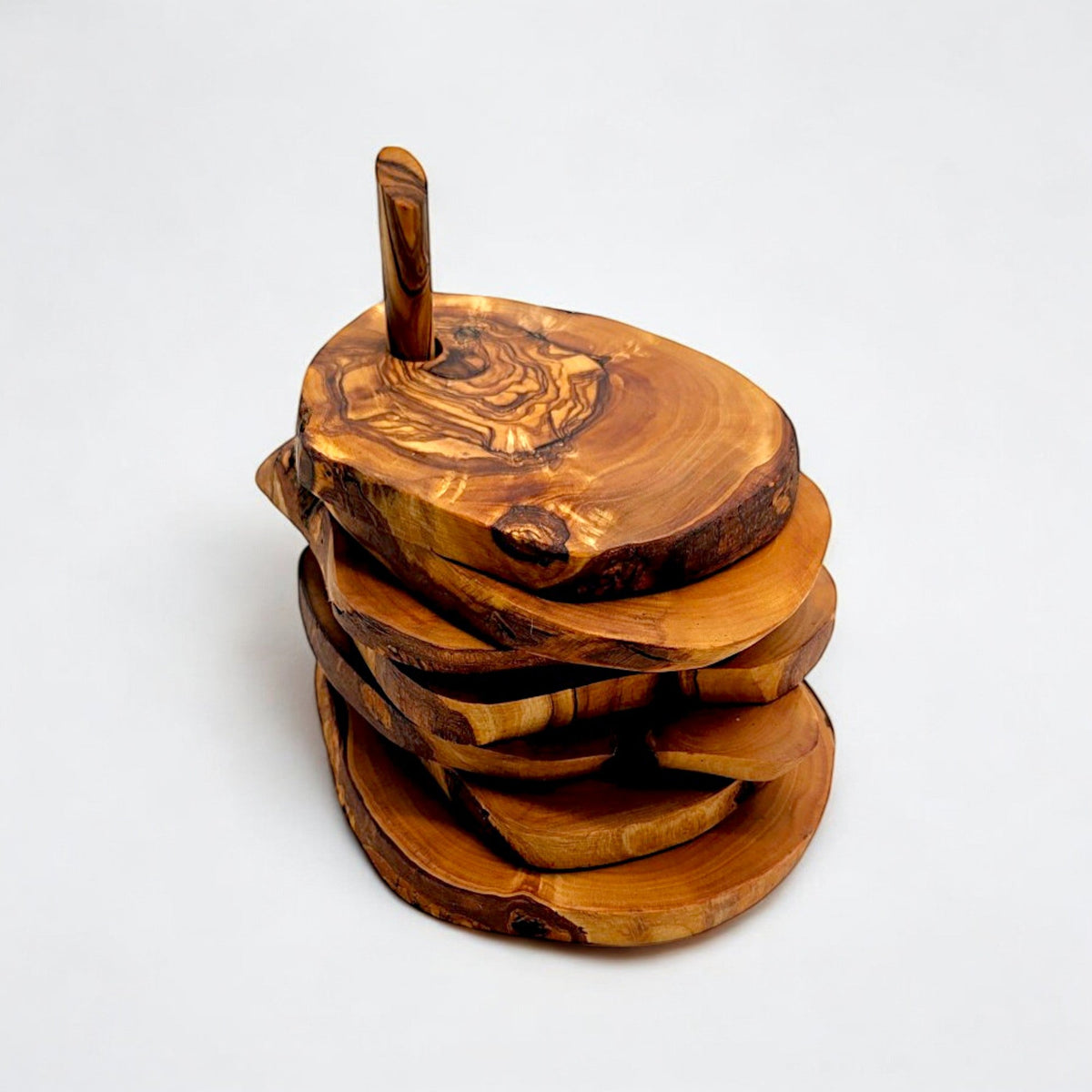 Handcrafted Olive Wood Coaster Set - Rustic Live Edge Drink Coasters with Holder