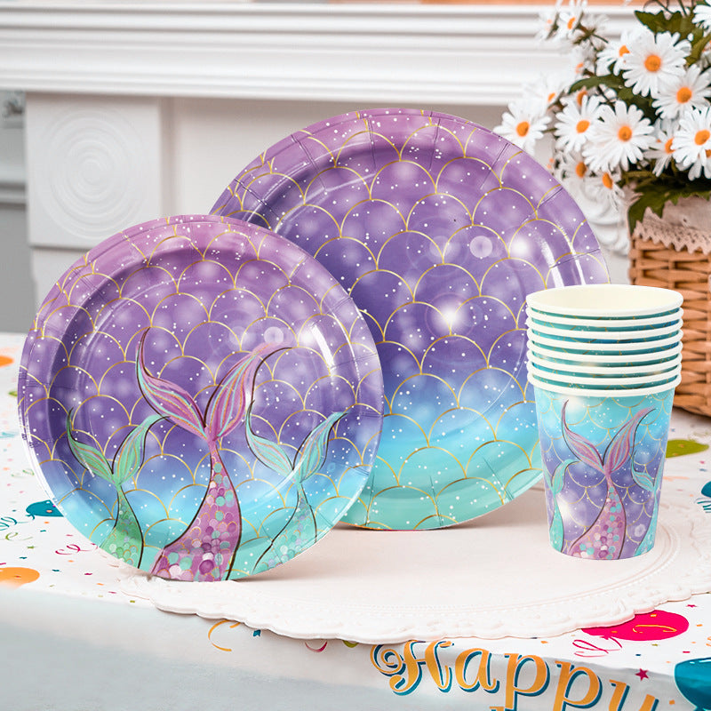 Mermaid Tail Theme Happy Birthday Paper Pallet Disposable Party Round Paper Pallet Suit Disposable Paper Cup