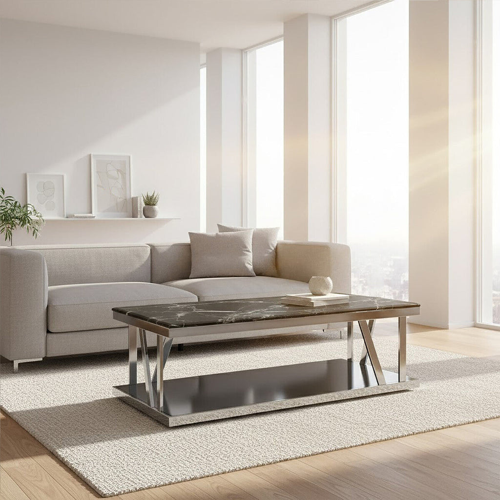 Ackley Black Marble and Silver Finish Rectangular Coffee Table