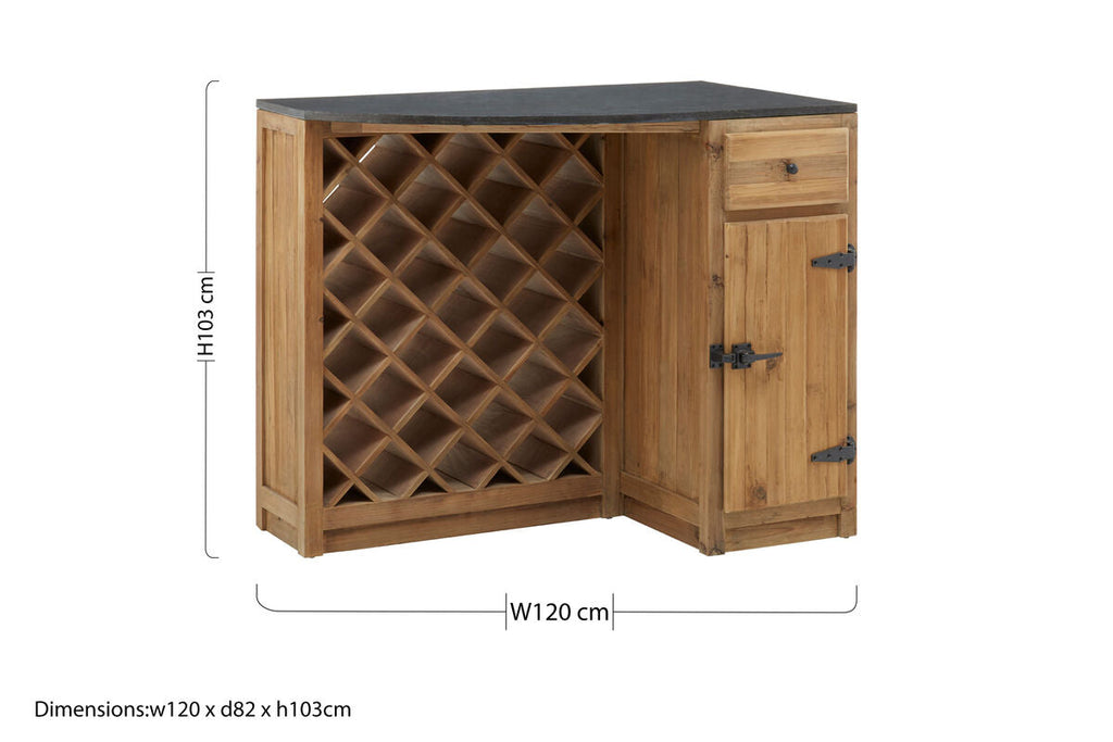 Toba Recycled Pine Wood and Stone Top Bar Cabinet