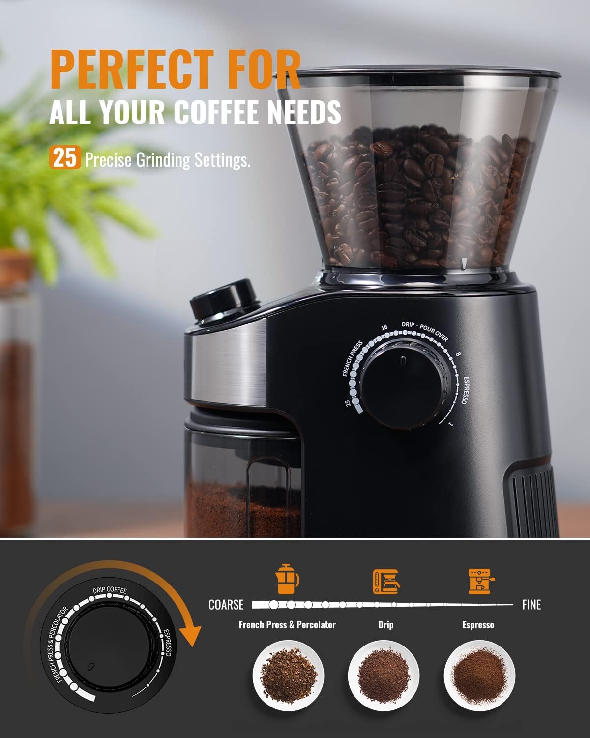 Coffee Grinder Burr Electric 25 Grind Settings with Digital Timer Black Shardor