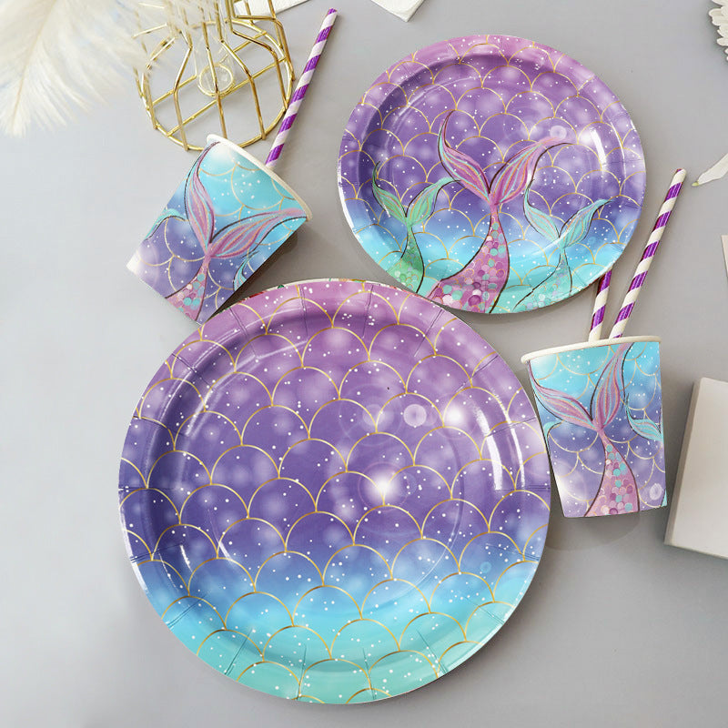 Mermaid Tail Theme Happy Birthday Paper Pallet Disposable Party Round Paper Pallet Suit Disposable Paper Cup