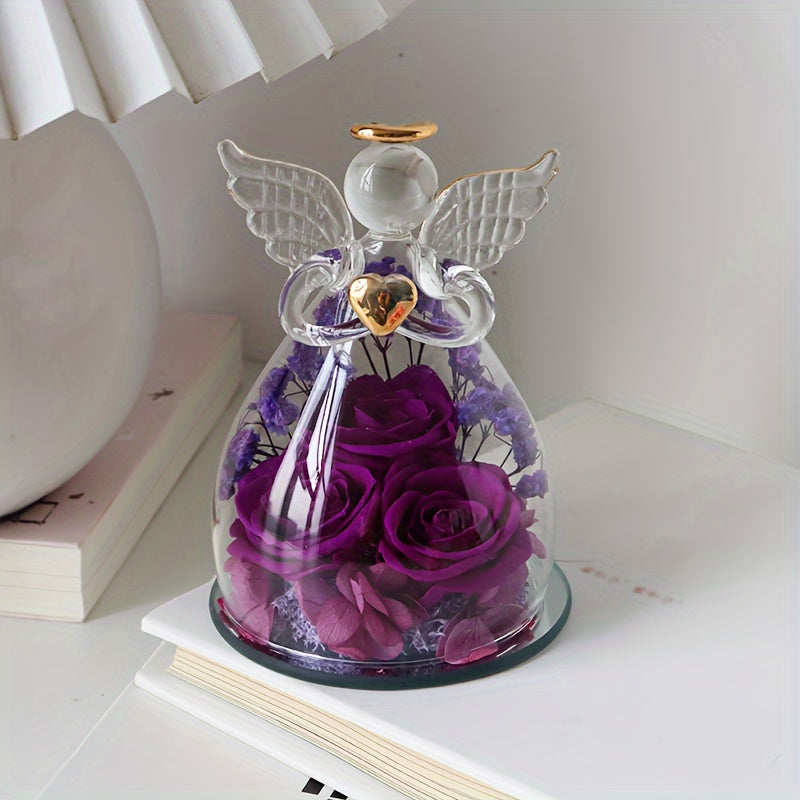 Eternal Red Roses in Glass Dome, 10.21cm x 7.49cm, Angel Statue with Red Roses, Romantic Valentine's Day, Christmas, Thanksgiving, Mother's Day, Graduation Gift, Love, Forever Flower Display, Home Decor