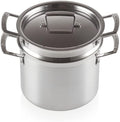 LE CREUSET 3-Ply Stainless Steel Pasta Pot 20 cm, Used- good, pan has been used, with scratches, open, scruffy box