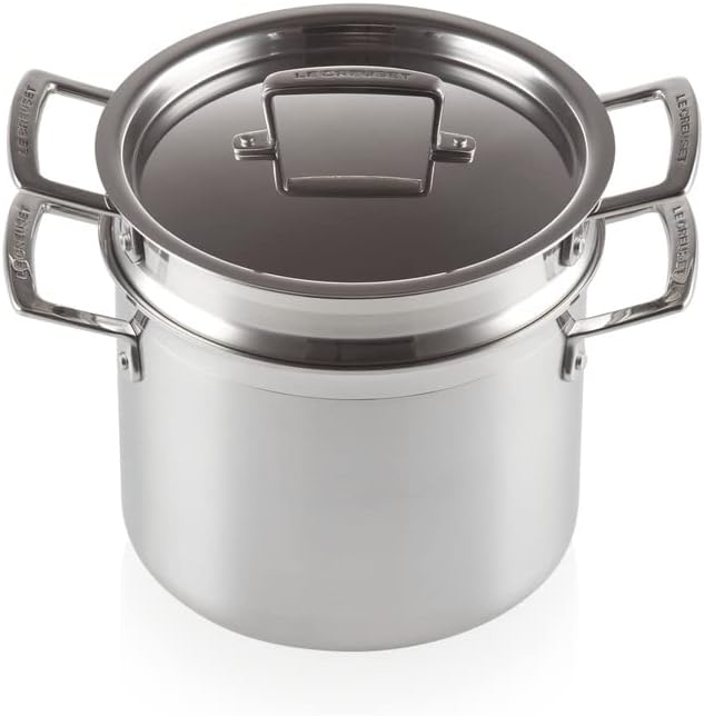 LE CREUSET 3-Ply Stainless Steel Pasta Pot 20 cm, Used- good, pan has been used, with scratches, open, scruffy box