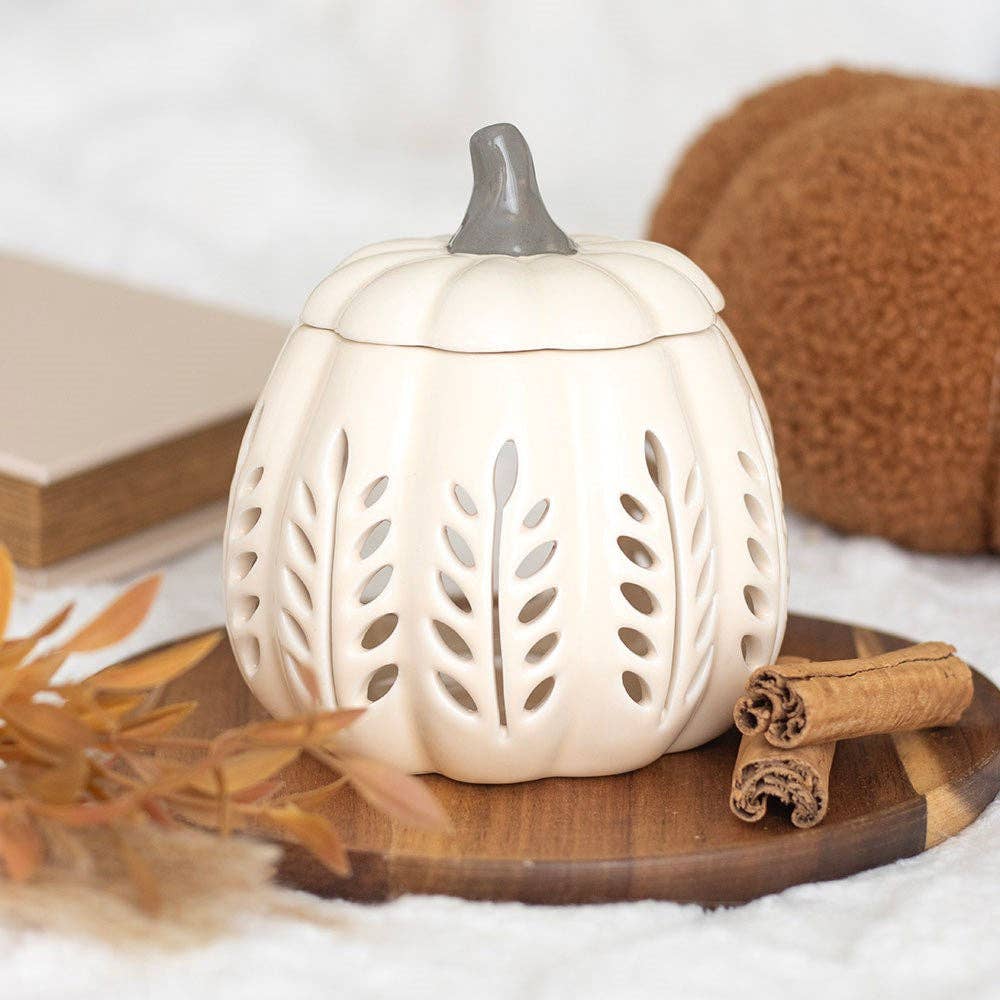 Cream Autumn Leaf Cut Out Pumpkin Oil Burner and Wax Warmer