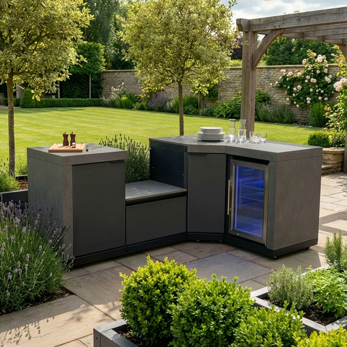Maze - Ember Small Corner Outdoor Kitchen with Fridge - Grey
