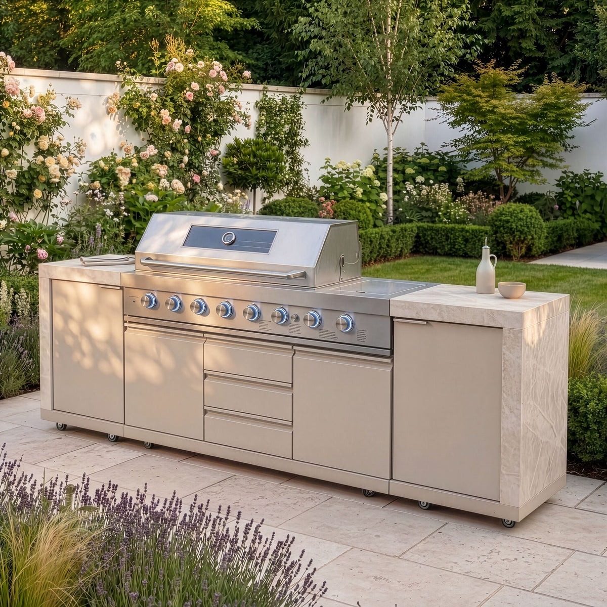 Maze - Ember Linear Outdoor Kitchen with 6 Burner Gas Grill & Storage Cabinets - Latte
