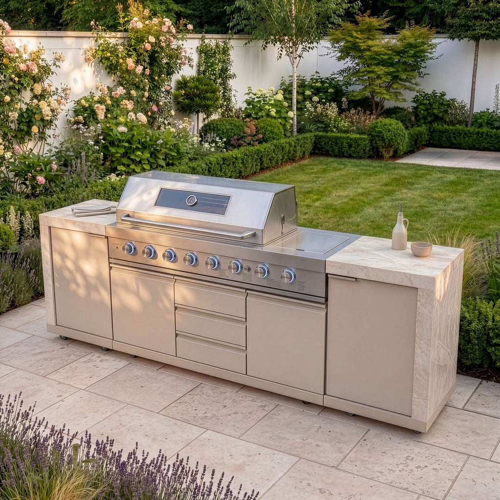 Maze - Ember Linear Outdoor Kitchen with 6 Burner Gas Grill & Storage Cabinets - Latte
