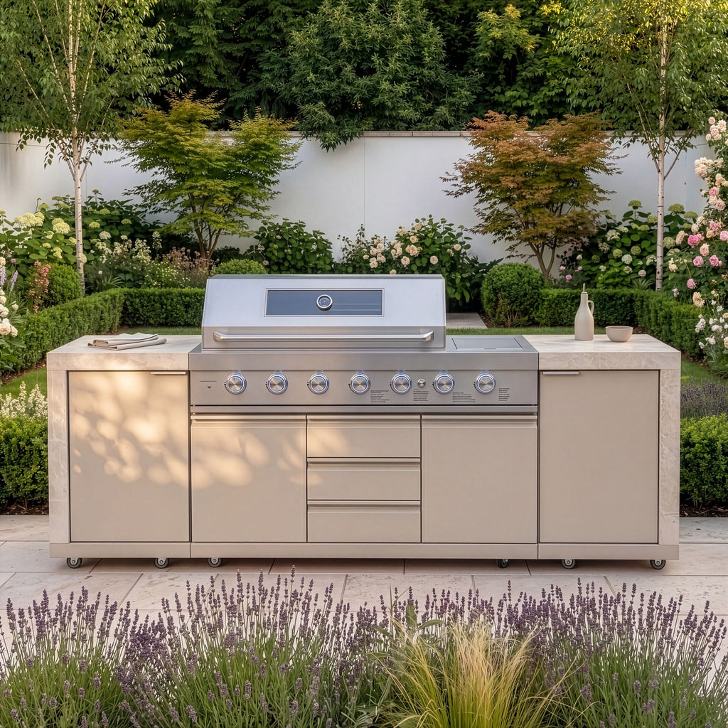 Maze - Ember Linear Outdoor Kitchen with 6 Burner Gas Grill & Storage Cabinets - Latte