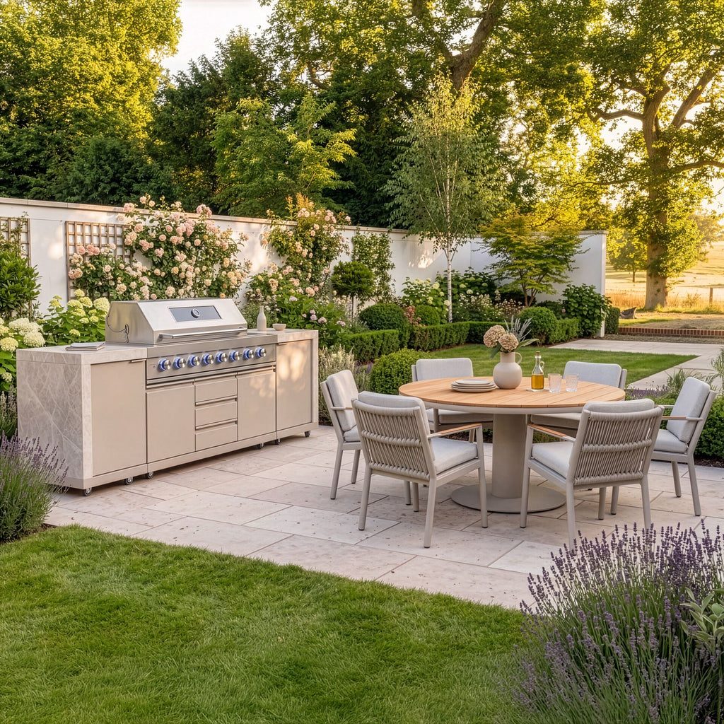 Maze - Ember Linear Outdoor Kitchen with 6 Burner Gas Grill & Storage Cabinets - Latte