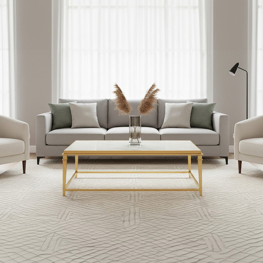 Alvaro White Marble Coffee Table with Gold Finish Frame