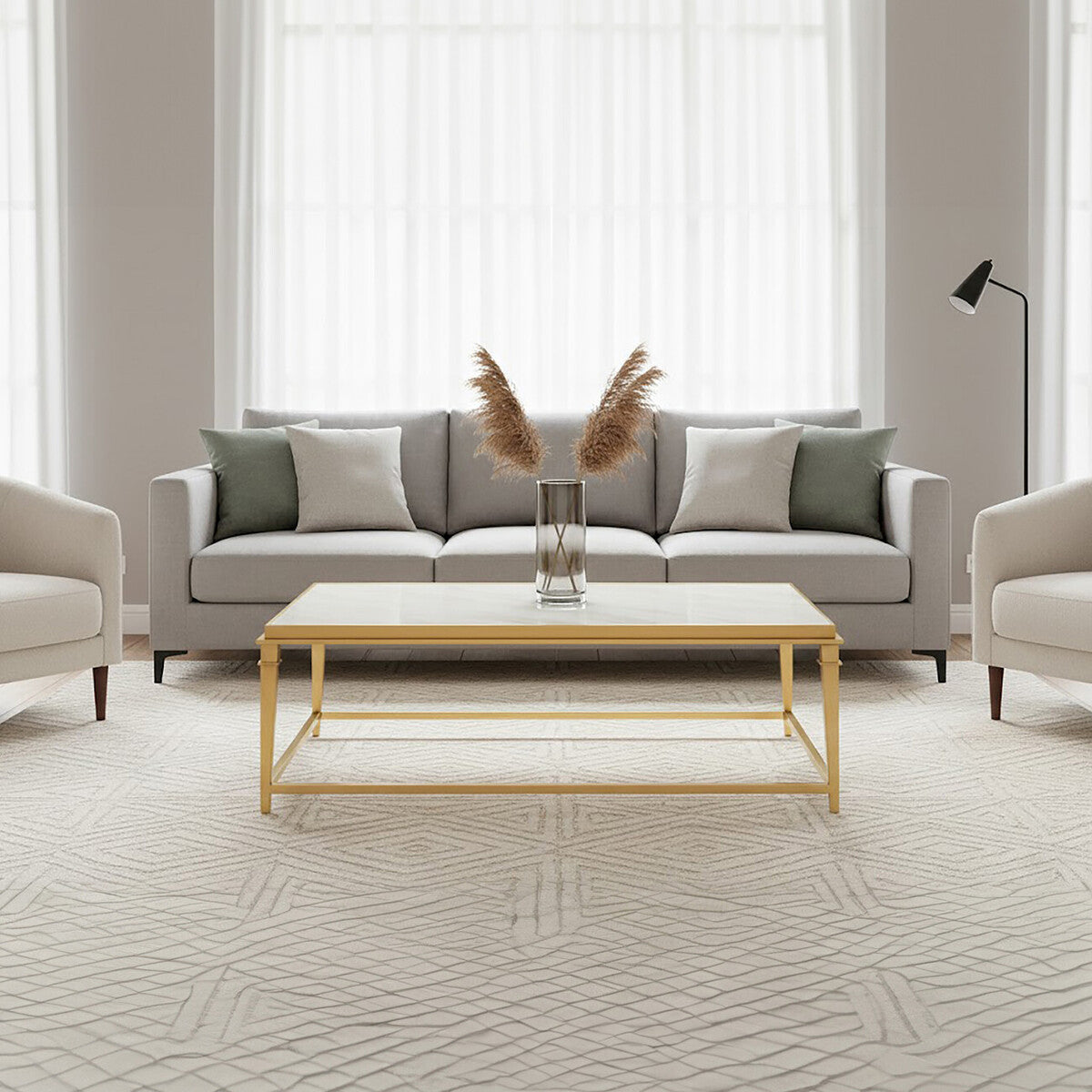 Alvaro White Marble Coffee Table with Gold Finish Frame