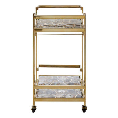 Vita Black Agate 2 Tier Drinks Trolley with Gold Finish Frame