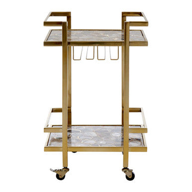 Vita Black Agate 2 Tier Drinks Trolley with Gold Finish Frame