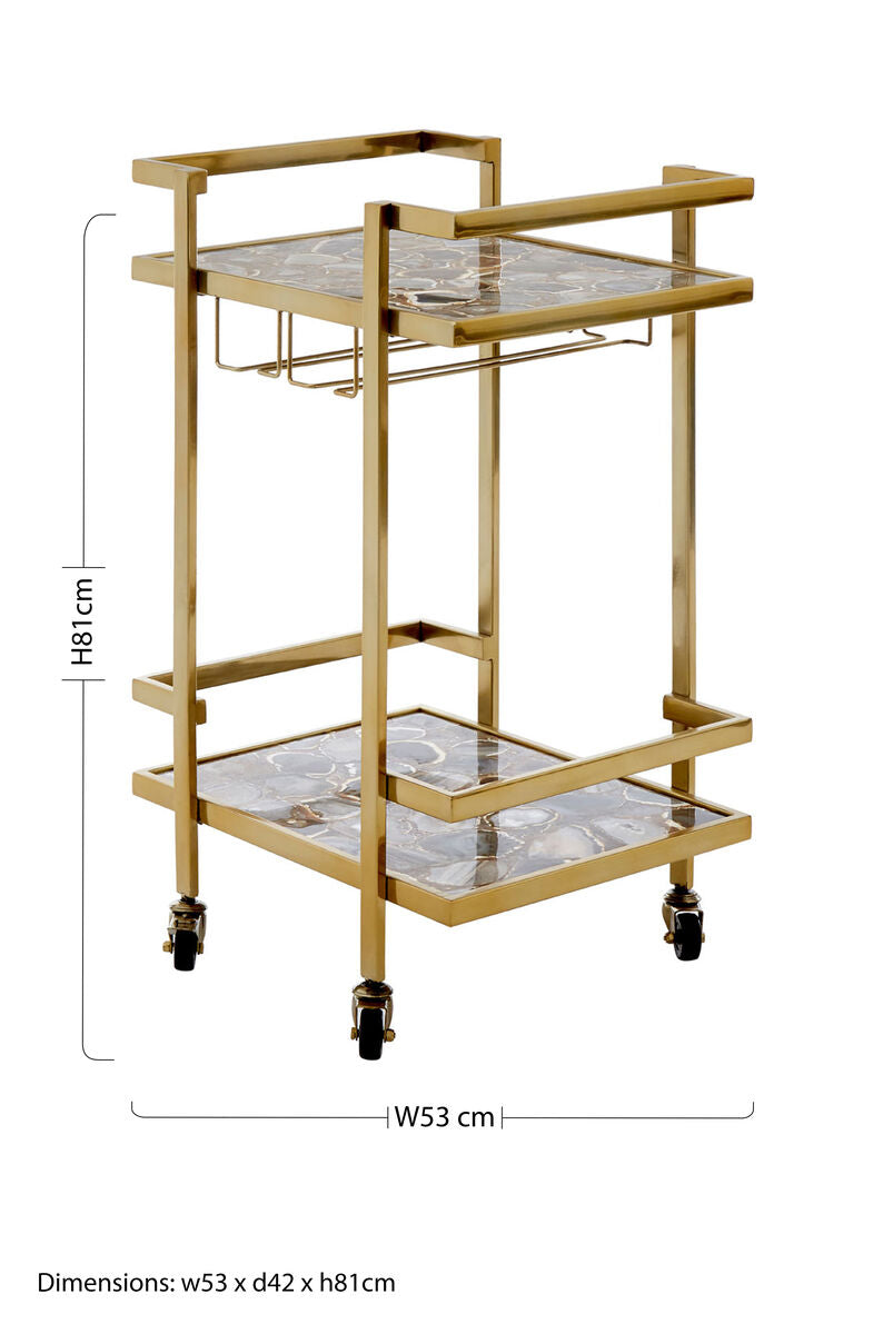 Vita Black Agate 2 Tier Drinks Trolley with Gold Finish Frame