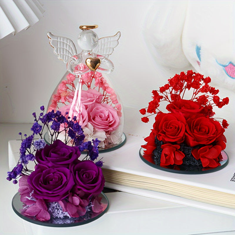Eternal Red Roses in Glass Dome, 10.21cm x 7.49cm, Angel Statue with Red Roses, Romantic Valentine's Day, Christmas, Thanksgiving, Mother's Day, Graduation Gift, Love, Forever Flower Display, Home Decor