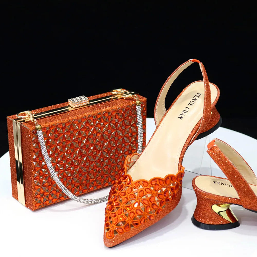 Hollowed Out Embroidery Rhinestone Pointed Toe Slingback Heels — Shoes Only or With Matching Bag | 5 Colours | EU 37–43
