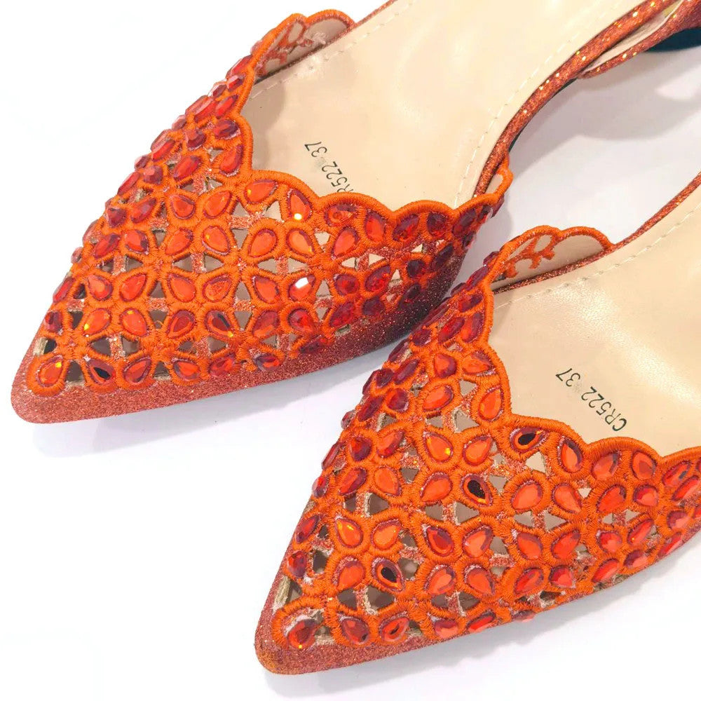 Hollowed Out Embroidery Rhinestone Pointed Toe Slingback Heels — Shoes Only or With Matching Bag | 5 Colours | EU 37–43