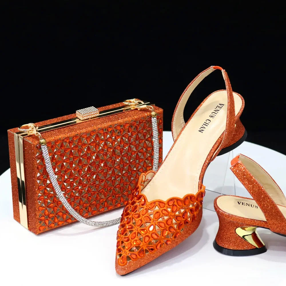 Hollowed Out Embroidery Rhinestone Pointed Toe Slingback Heels — Shoes Only or With Matching Bag | 5 Colours | EU 37–43