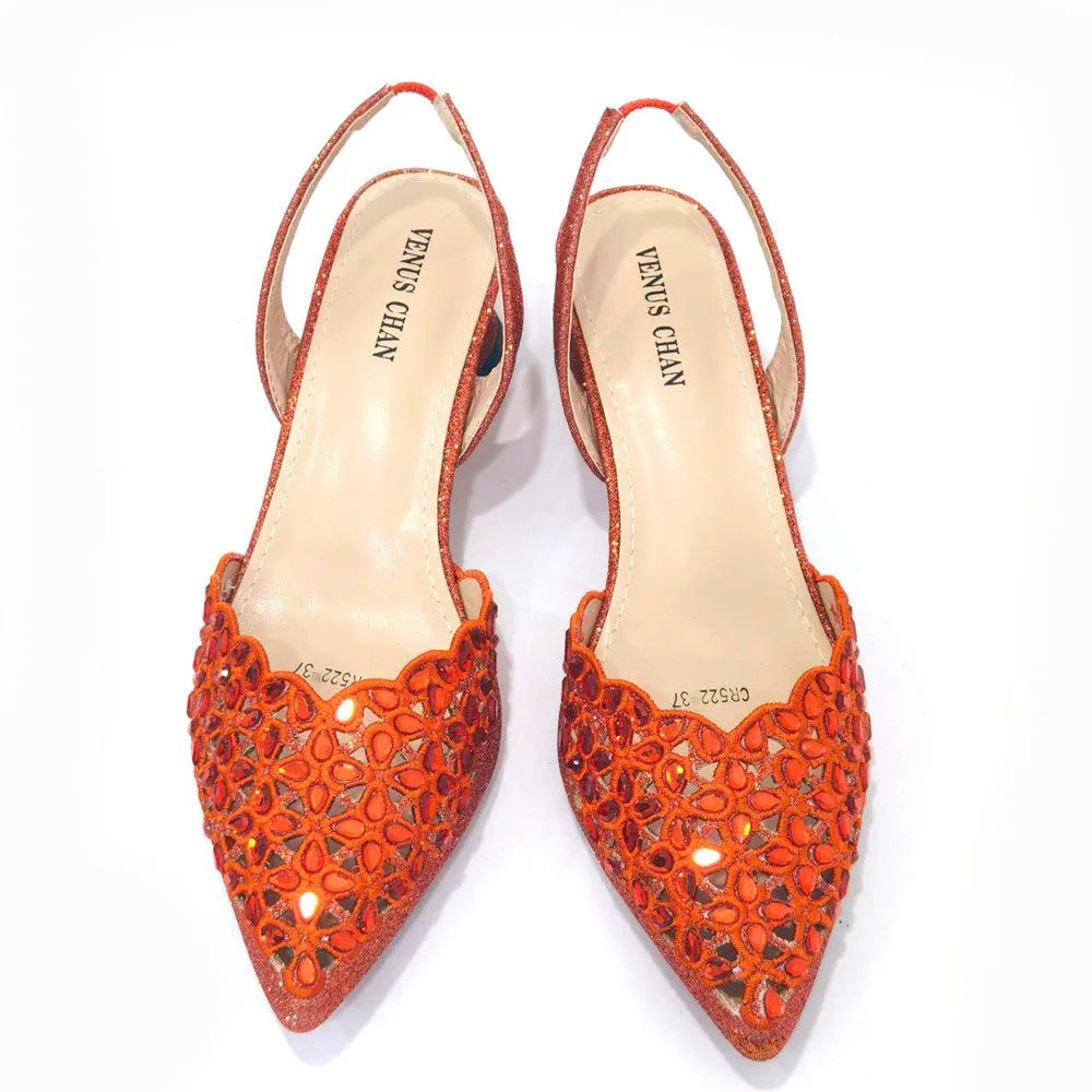 Hollowed Out Embroidery Rhinestone Pointed Toe Slingback Heels — Shoes Only or With Matching Bag | 5 Colours | EU 37–43