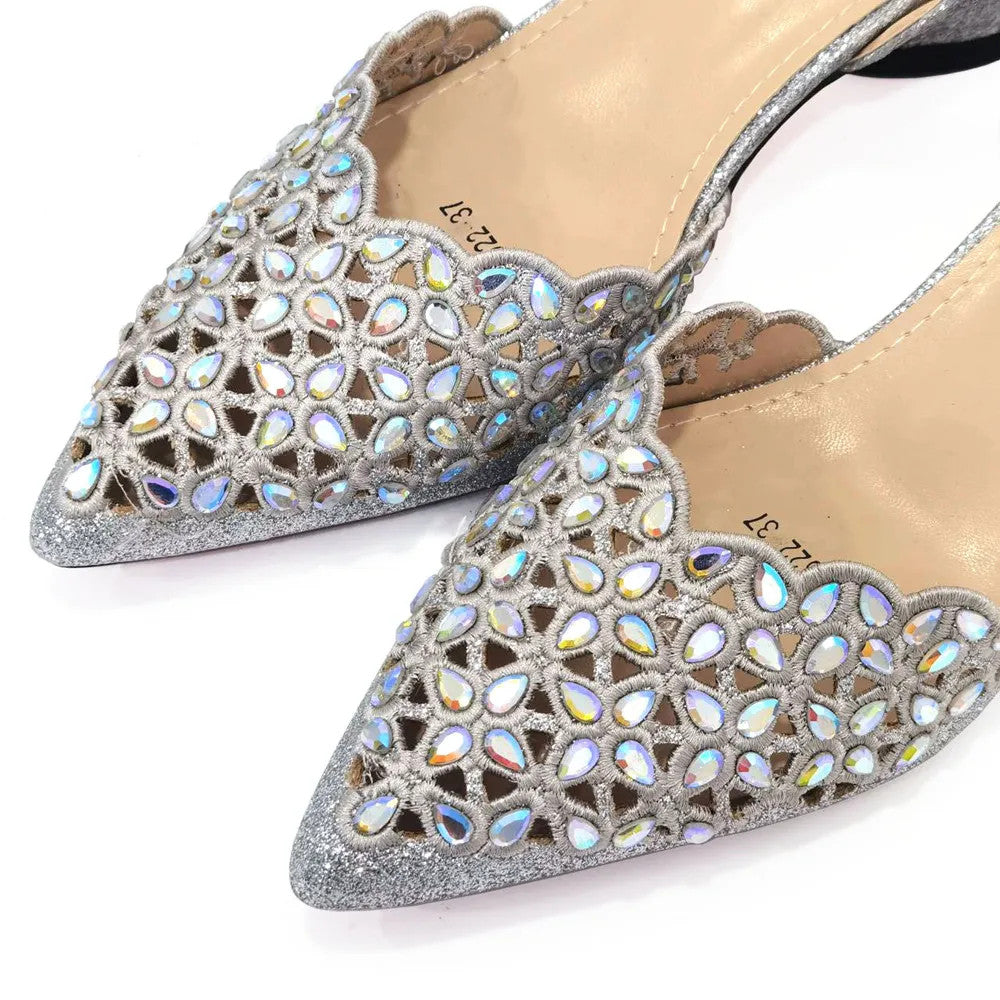 Hollowed Out Embroidery Rhinestone Pointed Toe Slingback Heels — Shoes Only or With Matching Bag | 5 Colours | EU 37–43