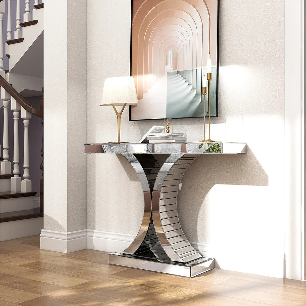 Mirrored Glass Console Table — Contemporary Entryway & Living Room Display Table | Silver | 43.3"W
