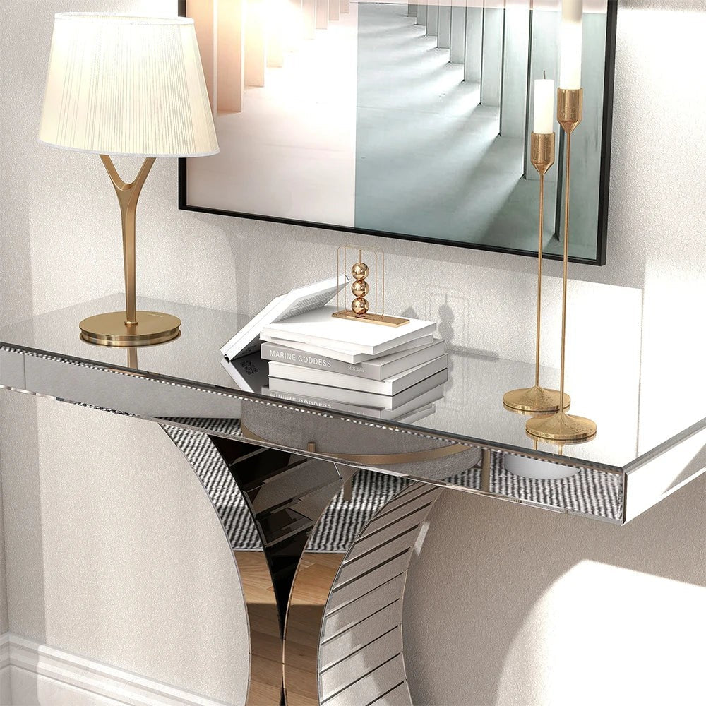 Mirrored Glass Console Table — Contemporary Entryway & Living Room Display Table | Silver | 43.3"W