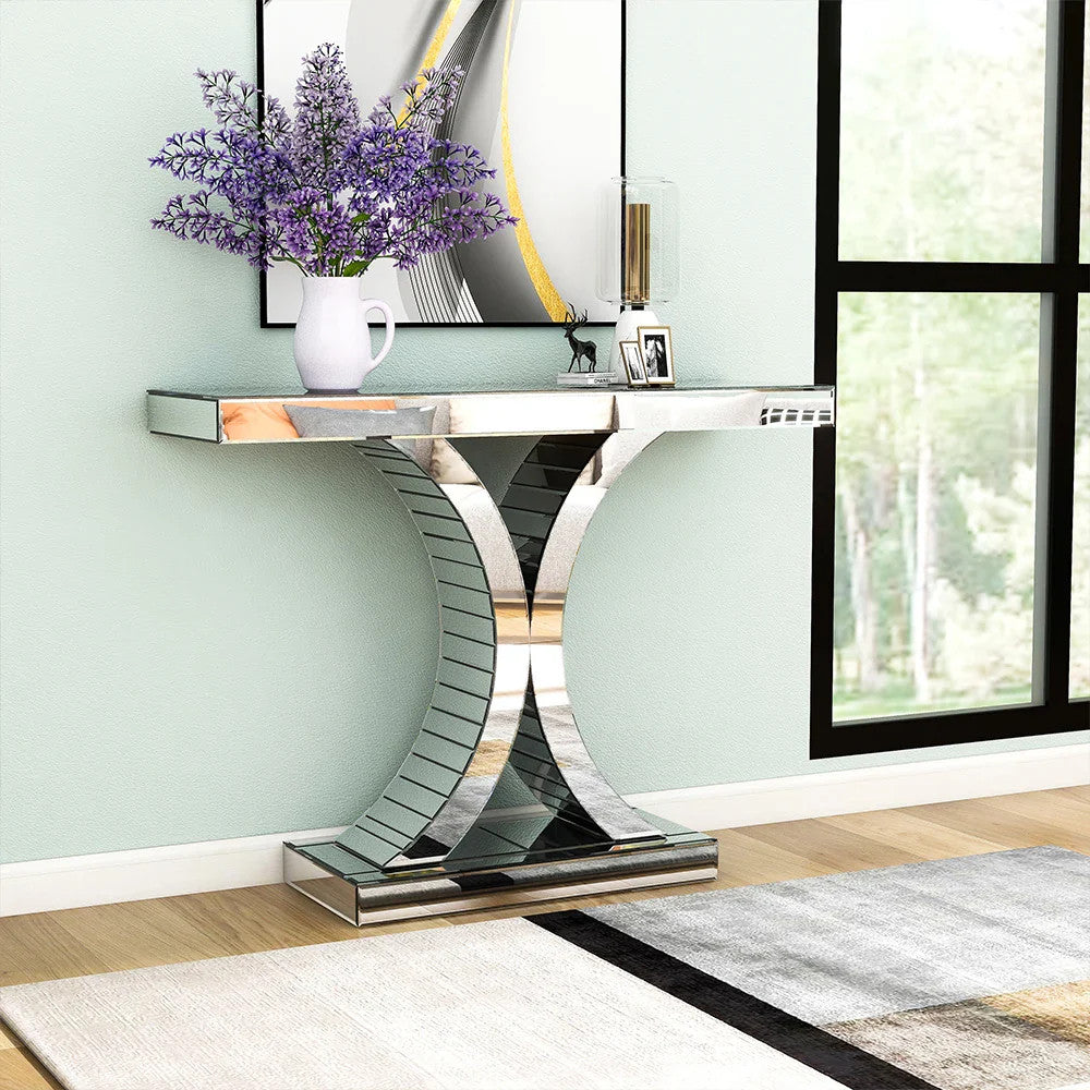 Mirrored Glass Console Table — Contemporary Entryway & Living Room Display Table | Silver | 43.3"W