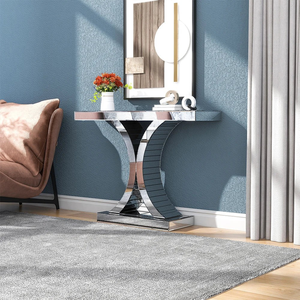 Mirrored Glass Console Table — Contemporary Entryway & Living Room Display Table | Silver | 43.3"W