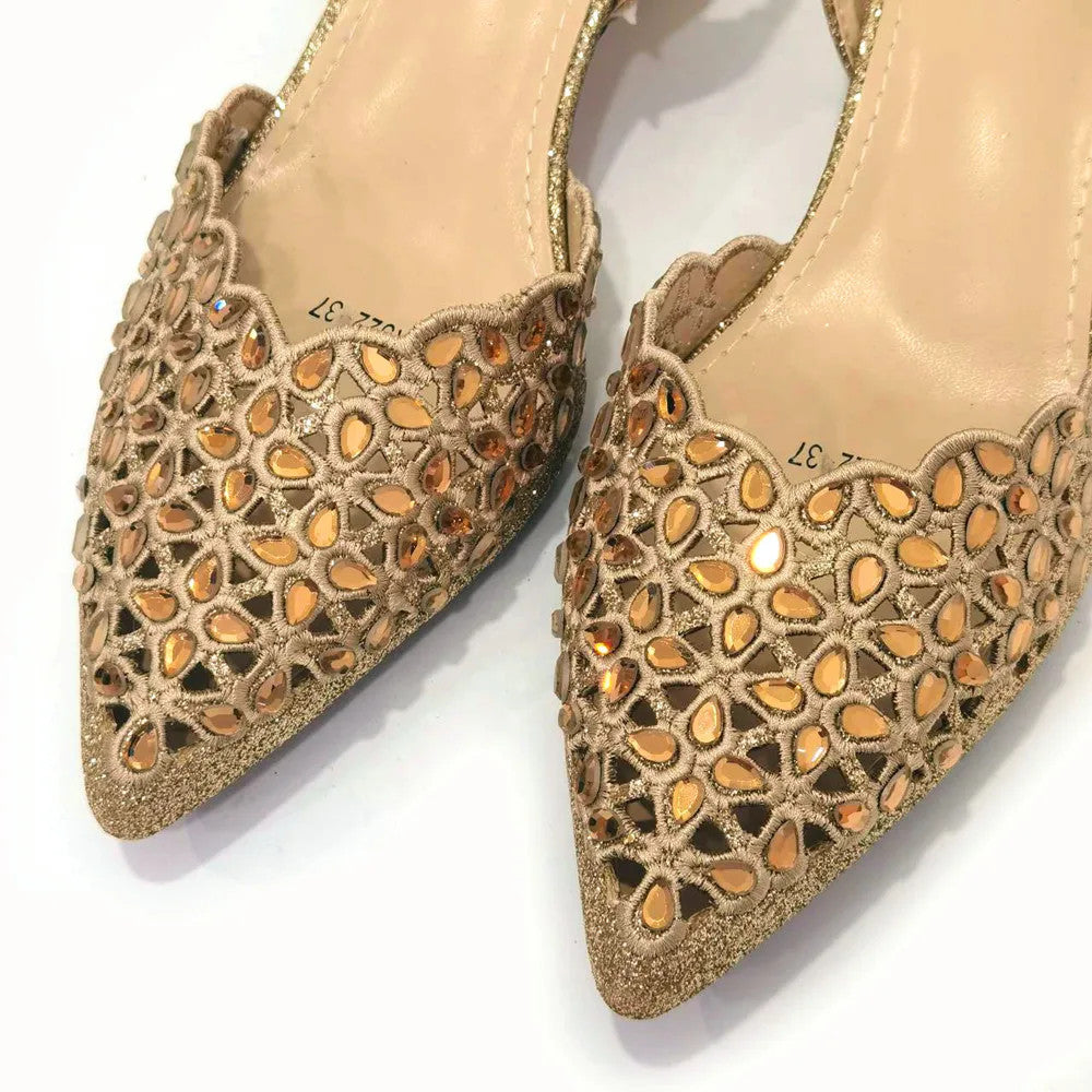 Hollowed Out Embroidery Rhinestone Pointed Toe Slingback Heels — Shoes Only or With Matching Bag | 5 Colours | EU 37–43