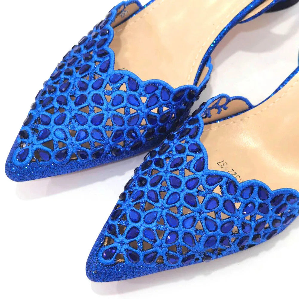 Hollowed Out Embroidery Rhinestone Pointed Toe Slingback Heels — Shoes Only or With Matching Bag | 5 Colours | EU 37–43