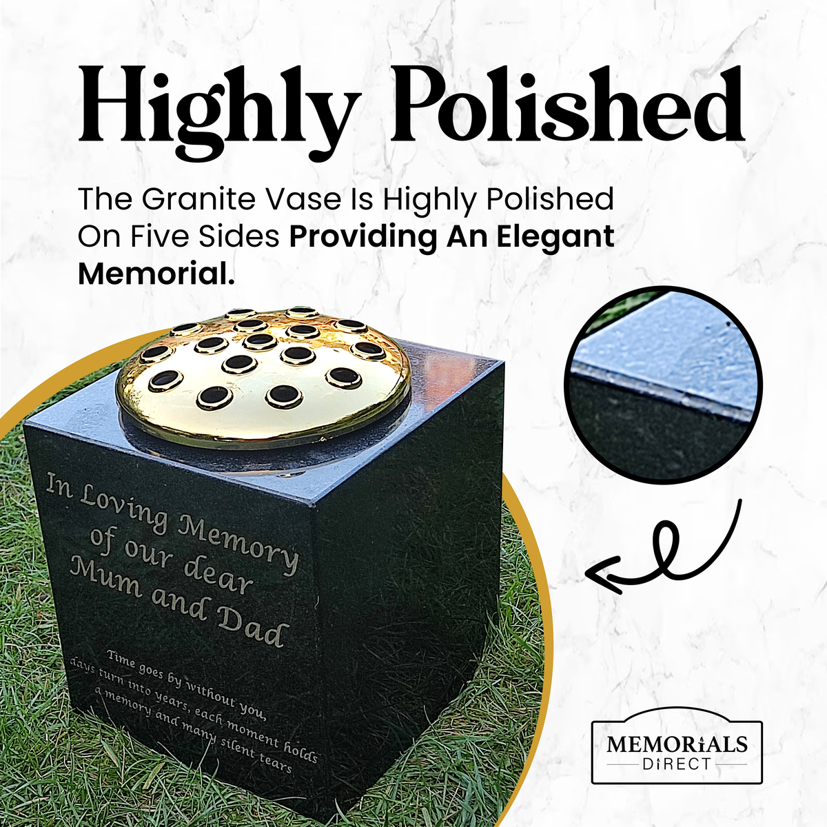 Granite Memorial Vase - Solid Granite - Free Personalised Gold Engraving – Includes Metal Flower Pot Insert