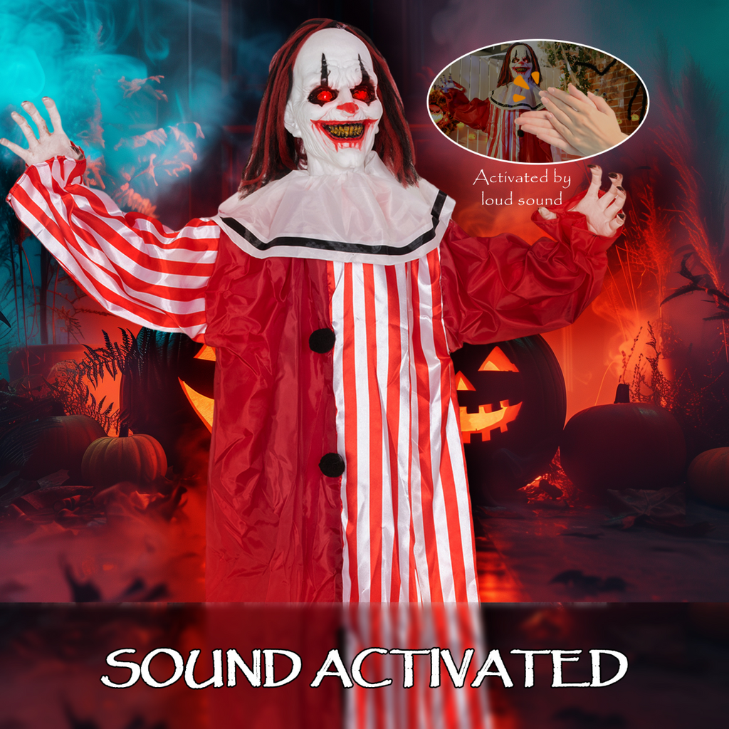 Outsunny Sound Activated Halloween Animatronics Clown with Red Light Up Eyes