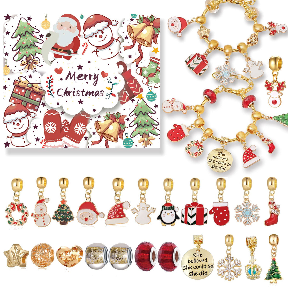 Gold Christmas Countdown Calendar Gift Suit Diy Beaded Bracelet Advent Christmas Tree Bracelet Gift